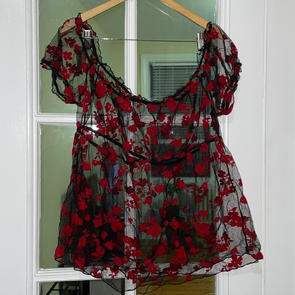 3/$15 curvy off shoulder Floral Print Sheer Mesh Bardot babydoll lingerie - Picture 3 of 11
